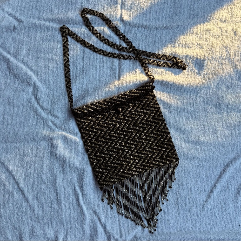 Black and White Chevron Fringe Crossbody Bag Fully Beaded